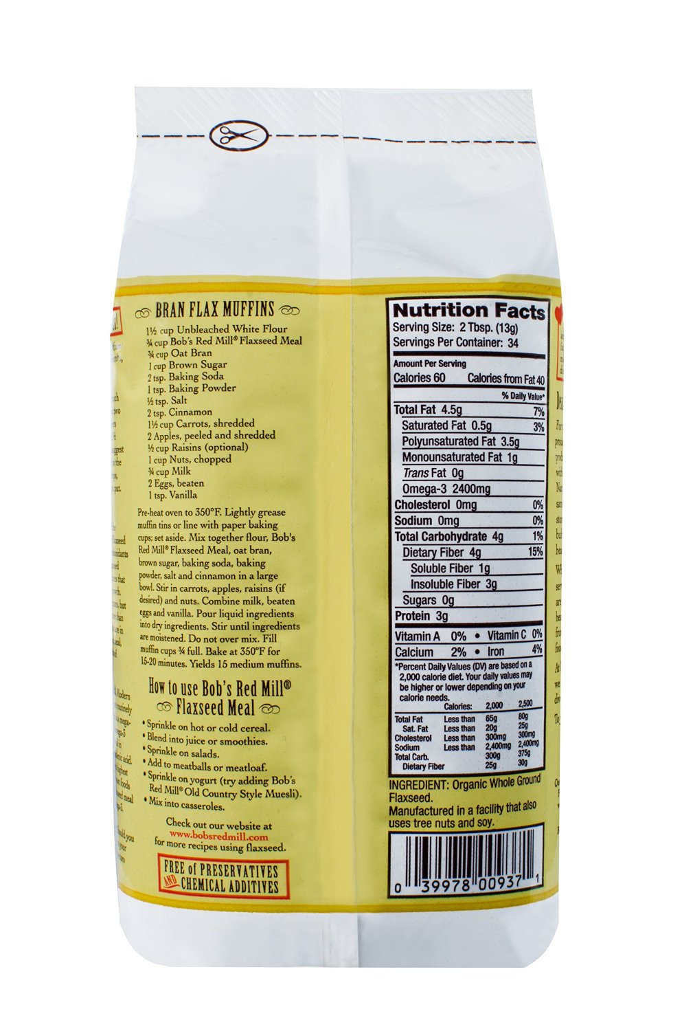 Bob's Red Mill Organic Golden Flaxseed Meal - Gluten Free, 453g (1 Lb) Pouch