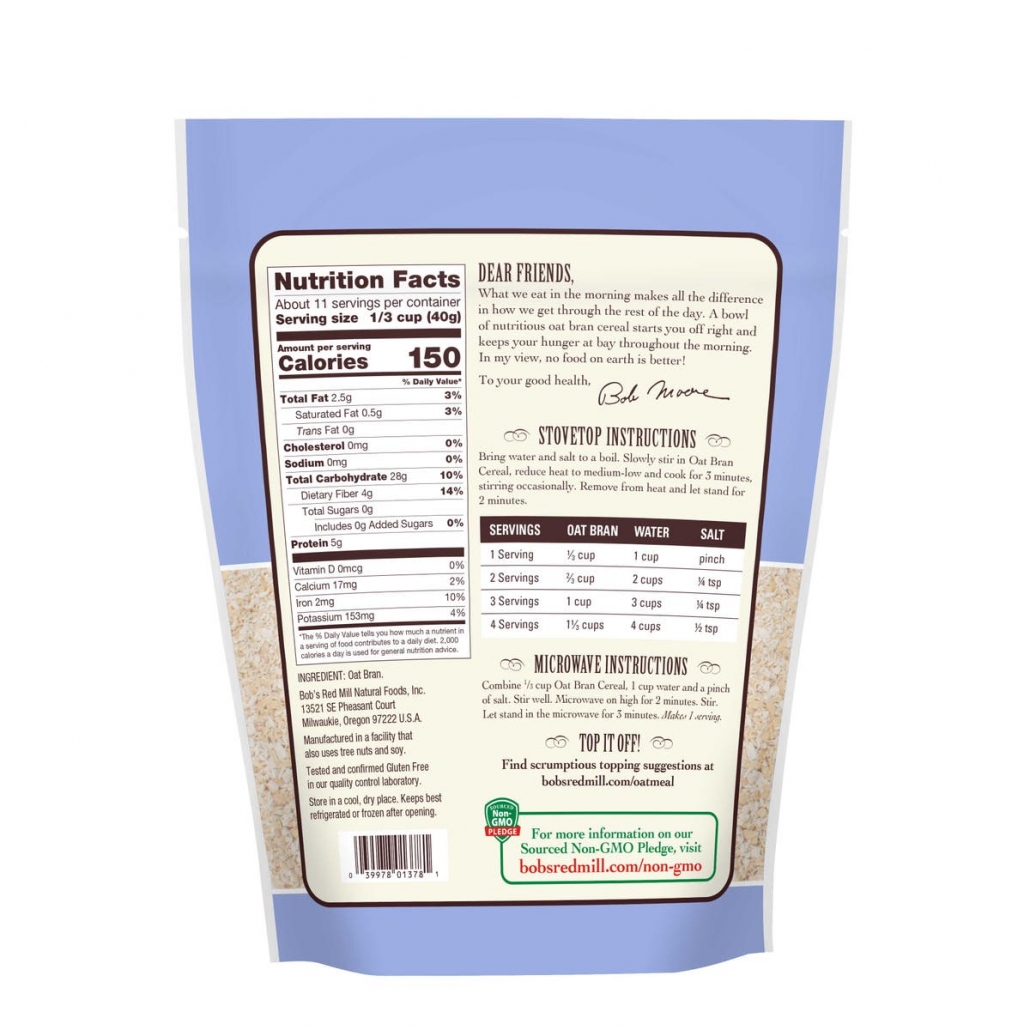 Bob's Red Mill Gluten Free Oat Bran Hot Cereal – 16 Oz (1 Lb) Package