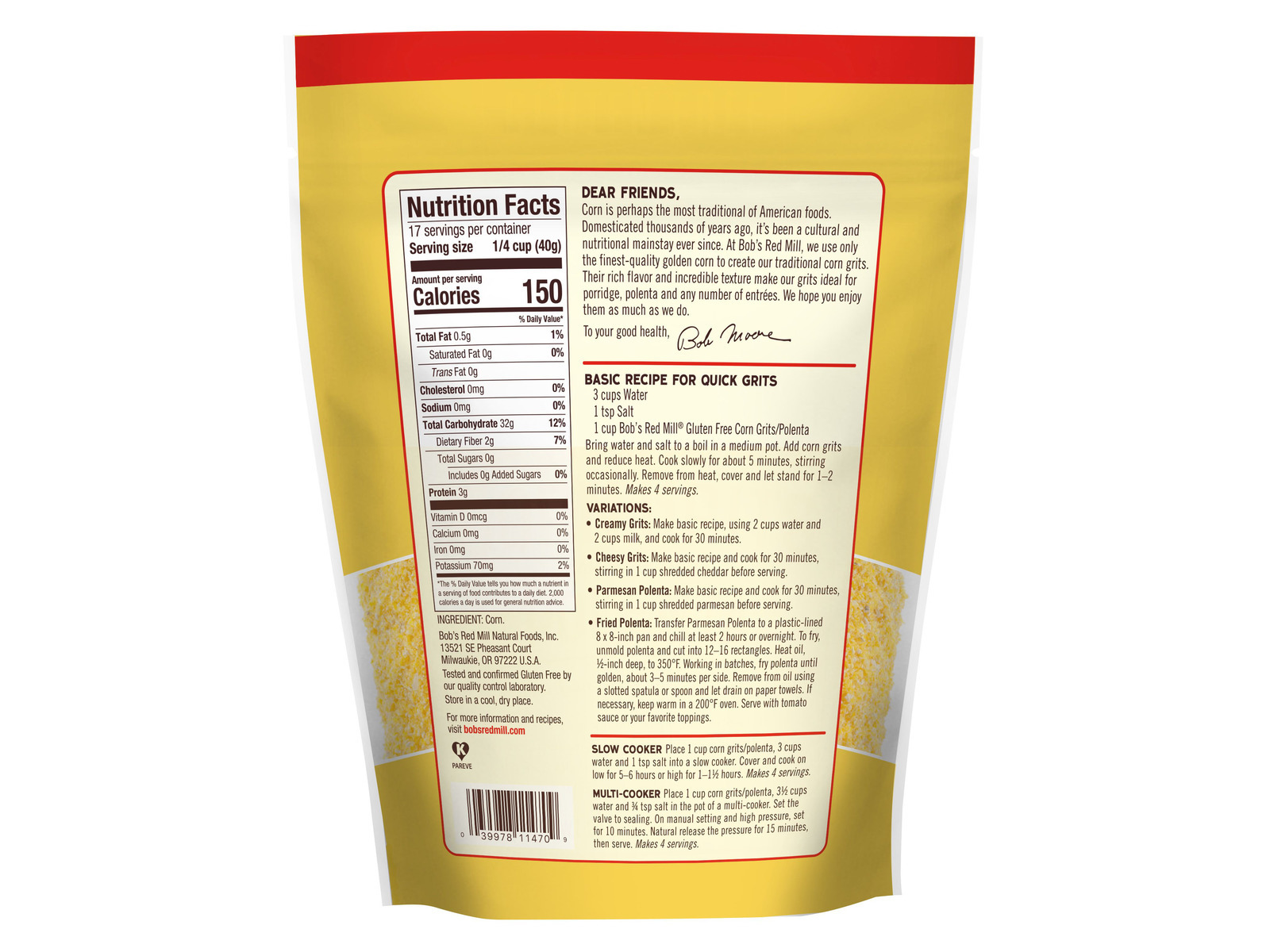 Bob’s Red Mill Gluten Free Corn Grits / Polenta 4/24oz Mill Creek